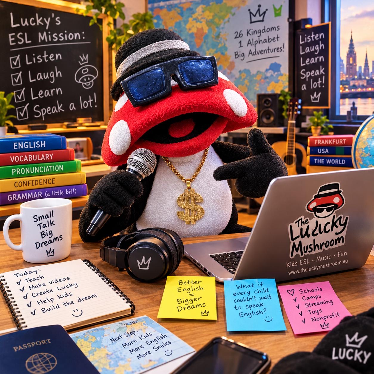 Lucky, the red-capped mushroom puppet, at his desk full of teaching ideas